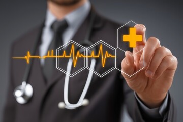 Doctor Interacting with a Digital Interface Featuring a Heartbeat and Medical Symbols