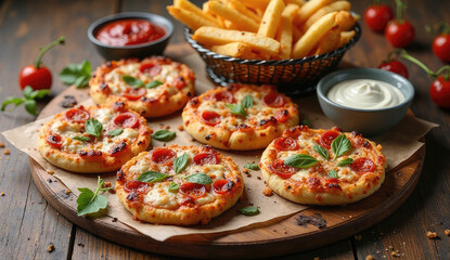 Delicious Mini Pizzas with French Fries and Dipping Sauce