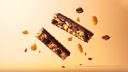 protein bar broken in half levitation. crunchy granola bar floating in mid-air with scattered oat flakes and nuts. Healthy snack muesli bar with chocolate flying on pink background. cereal bar snack