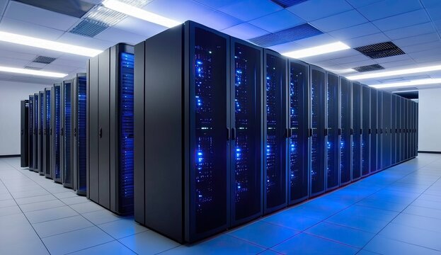 Massive server rack farm in a data center - Powered by Adobe