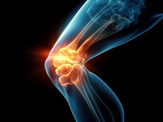 Detailed visualization of a human knee joint with highlighted inflammation and pain in vibrant orange against blue skeletal structure on black background