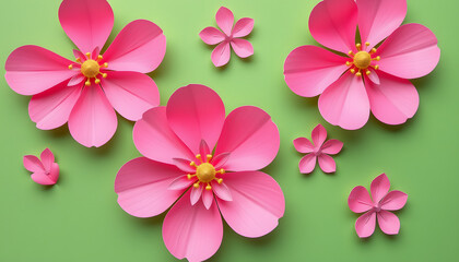 Fototapeta premium Delicate pink paper blossoms against a lush green backdrop. Handcrafted from paper., hand-drawn digital illustration. with white shades