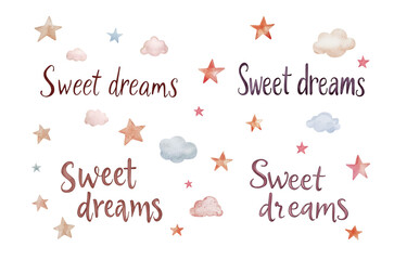 Sweet dreams, watercolor lettering set. Collection of hand drawn text with stars and clouds. Isolated clipart with clear even edge on transparent background