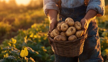 A farmer holds a basket of freshly harvested potatoes at sunset