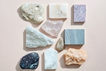 Flat Lay Images of Various Sized Stones in a Textured Composition