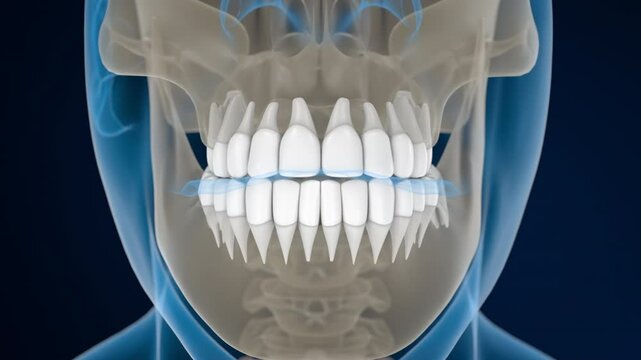 Frontal view of transparent jaw showing crooked, misaligned teeth. Ideal for orthodontic explainer, jaw growth visualization, and animation.