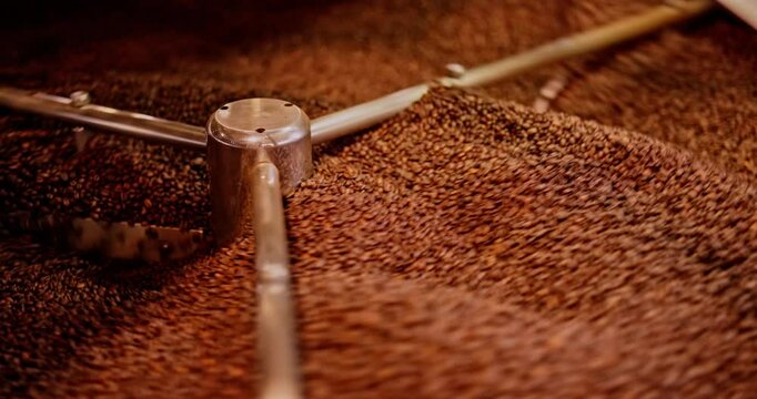 Roasted beans spinning inside a full metallic cooling drum at an artisan micro roastery.