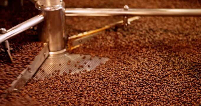 Rotating roasted beans inside a half-filled metallic cooling drum in a small-batch artisan setup.