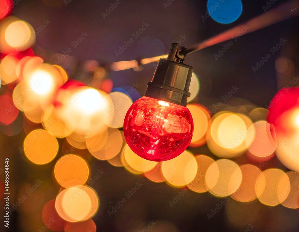 Poster close-up of a red light bulb on a string of lights at night, with bokeh background. image ideal for 
