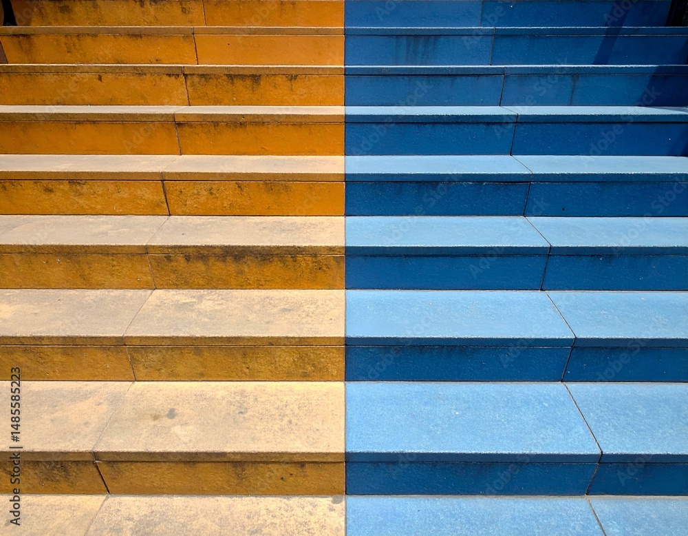 Poster abstract image of contrasting yellow and blue painted steps. perfect for design projects needing a v