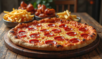 Delicious Pepperoni Pizza with Fries and a Ready-to-Eat Vibe