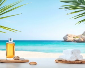 Obraz premium Relaxing beach scene with spa essentials, showcasing tranquility and self-care by the ocean.