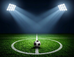 Obraz premium Soccer ball on a green field at night, illuminated by spotlights. Perfect for sports, game, and competition themes.