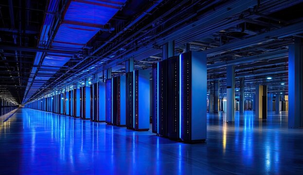 Massive server farm, illuminated in blue.  Rows of server racks extend into the distance - Powered by Adobe