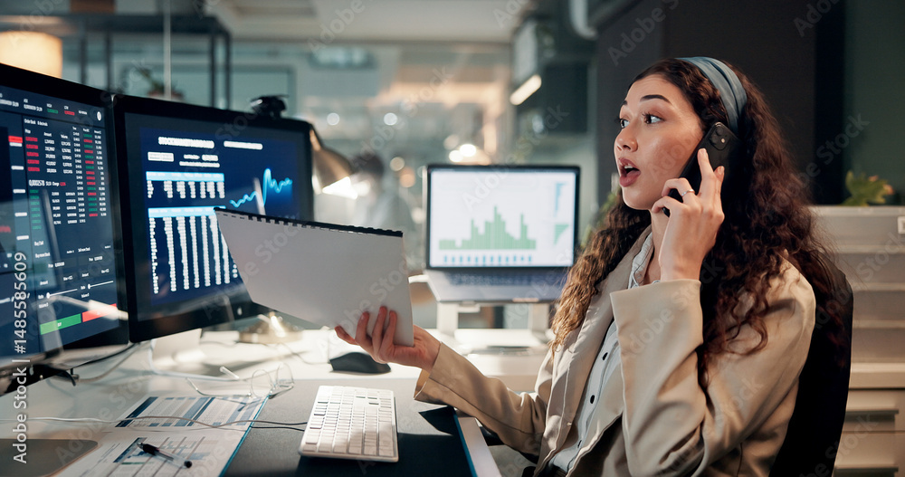 Poster woman, trading and computer screen for phone call, charts or documents for review with wow for stock
