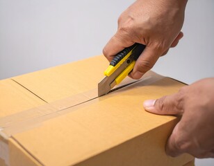 Close-up of hands using a box cutter to open a cardboard package.