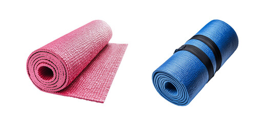 Stylish yoga mats rolled up in vibrant pink and blue colors, perfect for fitness enthusiasts seeking comfort and support during workouts