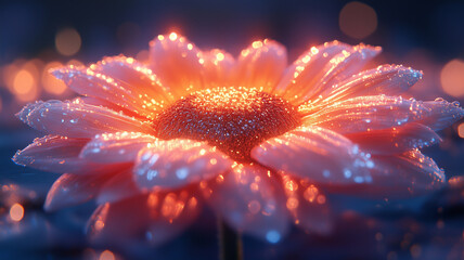 Closeup of flower with vibrant petals and glistening droplets, creating magical atmosphere. soft glow enhances its beauty