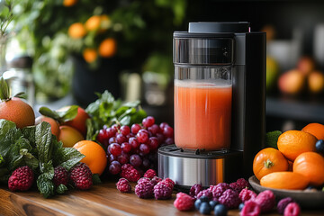 Fresh juicer with vibrant fruits and glass of juice, showcasing healthy lifestyle and delicious flavors