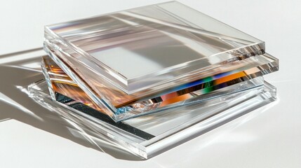 Stacked acrylic sheets, showcasing layered translucent colors and reflections