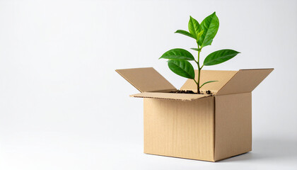 Green plant sprouting from open cardboard box, eco-friendly packaging, sustainability concept