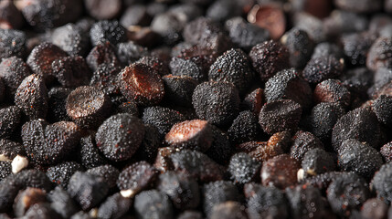 Obraz premium Close-up of black seeds with a textured surface, creating a rich and organic aesthetic.