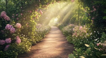 Obraz premium Sunlit garden path, vibrant blooms