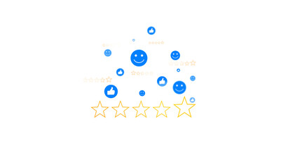 Customer evaluation product service quality feedback review.Customer satisfaction survey with 5 star. Service experience rating online in phone application.	