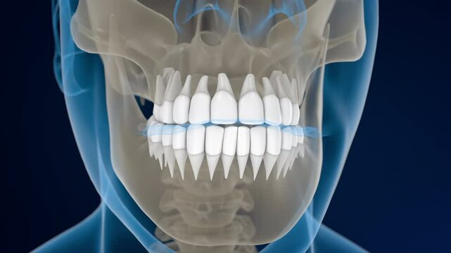 Side view of transparent jaw showing crooked teeth growing at bad angles. Use in orthodontic animations, anatomy, and malocclusion explainer.