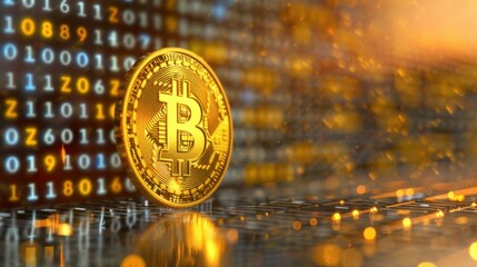 Gold Bitcoin Coin with Digital Binary Background