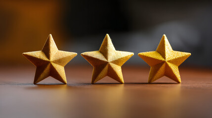 Obraz premium Three sparkling gold stars arranged on a wooden table, creating an elegant and festive atmosphere.