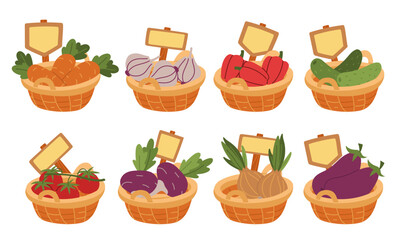 set of wicker baskets with various vegetables with price tags. collection of flat isolated color illustrations. Suitable for packaging, organic food advertising, cooking blogs, farm food stores