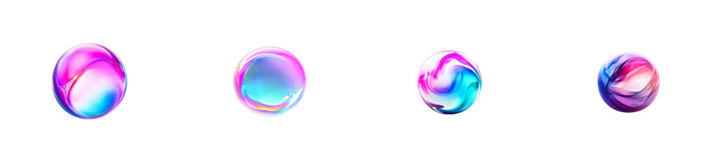 Four abstract spheres with liquid multicolored texture, cut out transparent