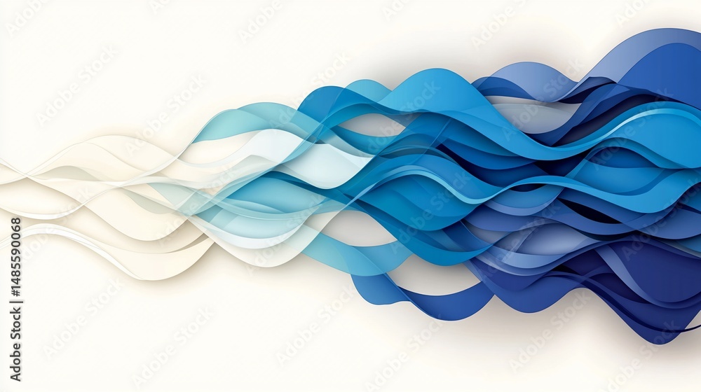 Poster abstract waves, flowing blues, overlapping layers on white. dynamic design