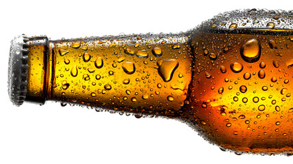 Cold amber beer bottle glistening with condensation against a white background.