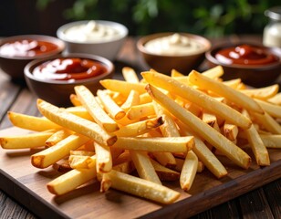 Tasty French Fries with Dipping Sauces on Rustic Wooden Table Generative AI