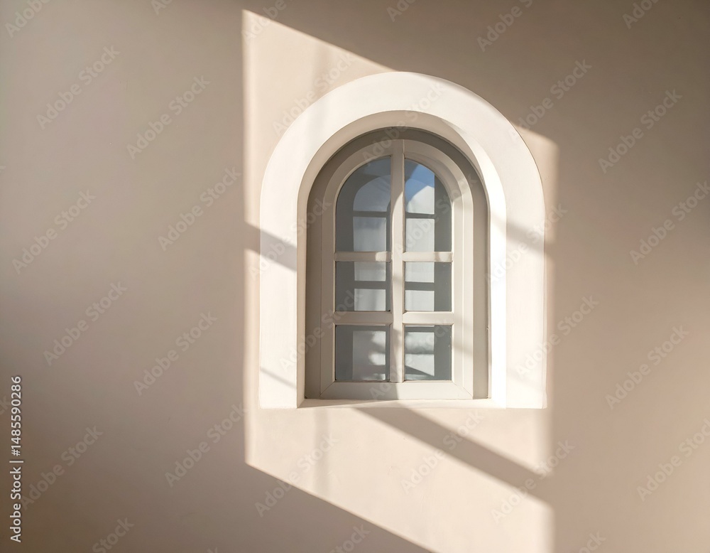 Poster sunlight streams through an arched window, casting shadows on a beige wall. a minimalist architectur