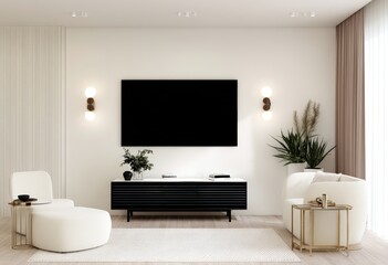 Sleek Minimalist Living Room Featuring Modern TV Stand, Clean Lines, Cozy Accents, and Natural Elements in Bright Interior Design