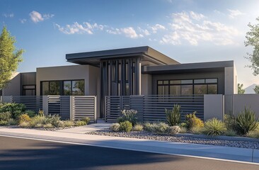 Modern, contemporary home with sleek design.  Features a neutral color palette,  a prominent covered entryway,  and a low contemporary fence.  The landscaping is minimal 