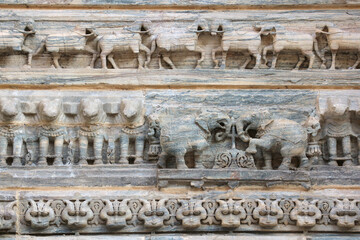 Lions, Elephants, and Horses Carved in Stone &ndash; Wall Relief at Jagdish Temple, Udaipur, Rajasthan, India