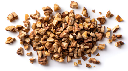 Obraz premium A close-up view of finely chopped dried herbal chunks, showcasing a rich brown color and irregular textures.