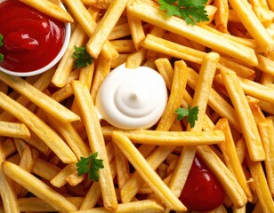 Top View of French Fries with Tomato Sauce and Mayonnaise Generative AI