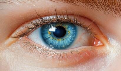 Extreme close-up of a bright blue human eye showing detailed iris patterns, eyelashes, and skin texture with natural lighting