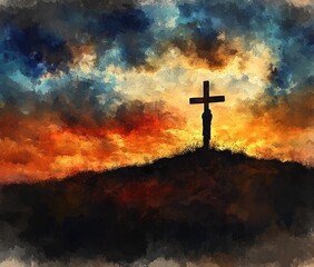 Fototapeta premium Silhouette of a person carrying a large cross on a hilltop against a dramatic, colorful sunset sky with vibrant orange, yellow, blue, and dark clouds