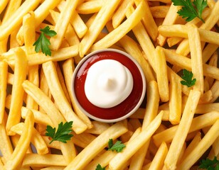 Top View of French Fries with Tomato Sauce and Mayonnaise Generative AI