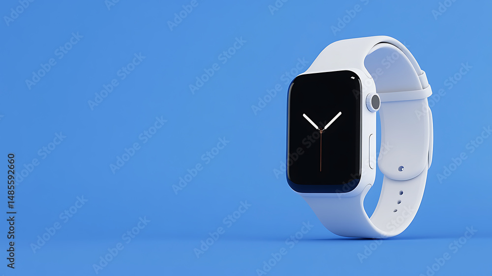 Poster stylish white smartwatch with minimalist analog display on a blue background. modern tech meets simp