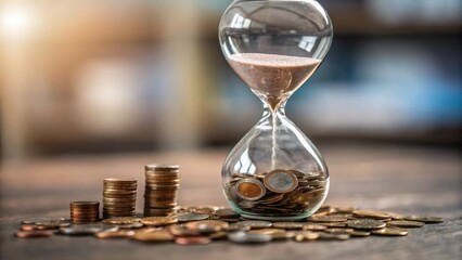 Economic risk  recession banking sector Hourglass with coins symbolizes time and finance, blending concepts of wealth and urgency.