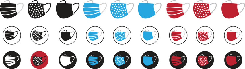 Medical face mask icon set. Coronavirus masks collection. Virus Protection. Breathing Respirator Mask. Healthcare Concept. Vector Illustration