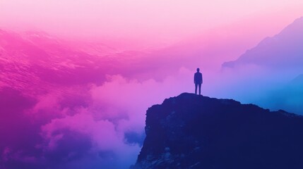 Fototapeta premium Person Silhouette on Cliff, Pink and Blue Gradient Landscape