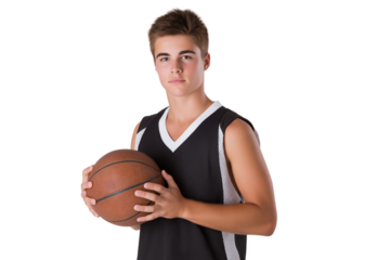 Young basketball player holds ball isolated on white background